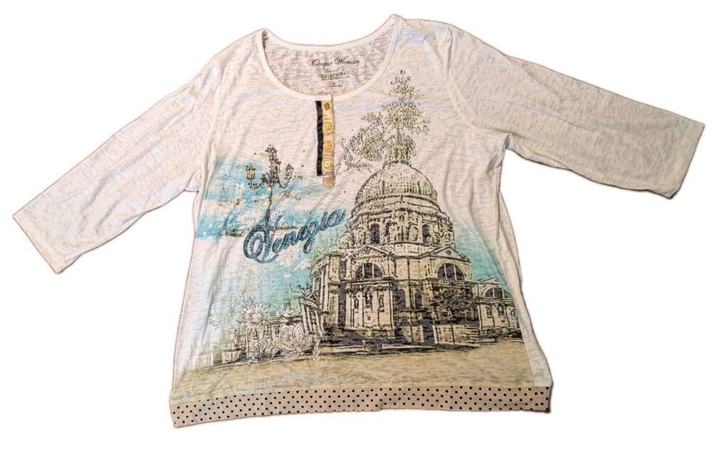 Y2K Rhinestone Venice Graphic Top 1X White Burnout Long Sleeve Shirt